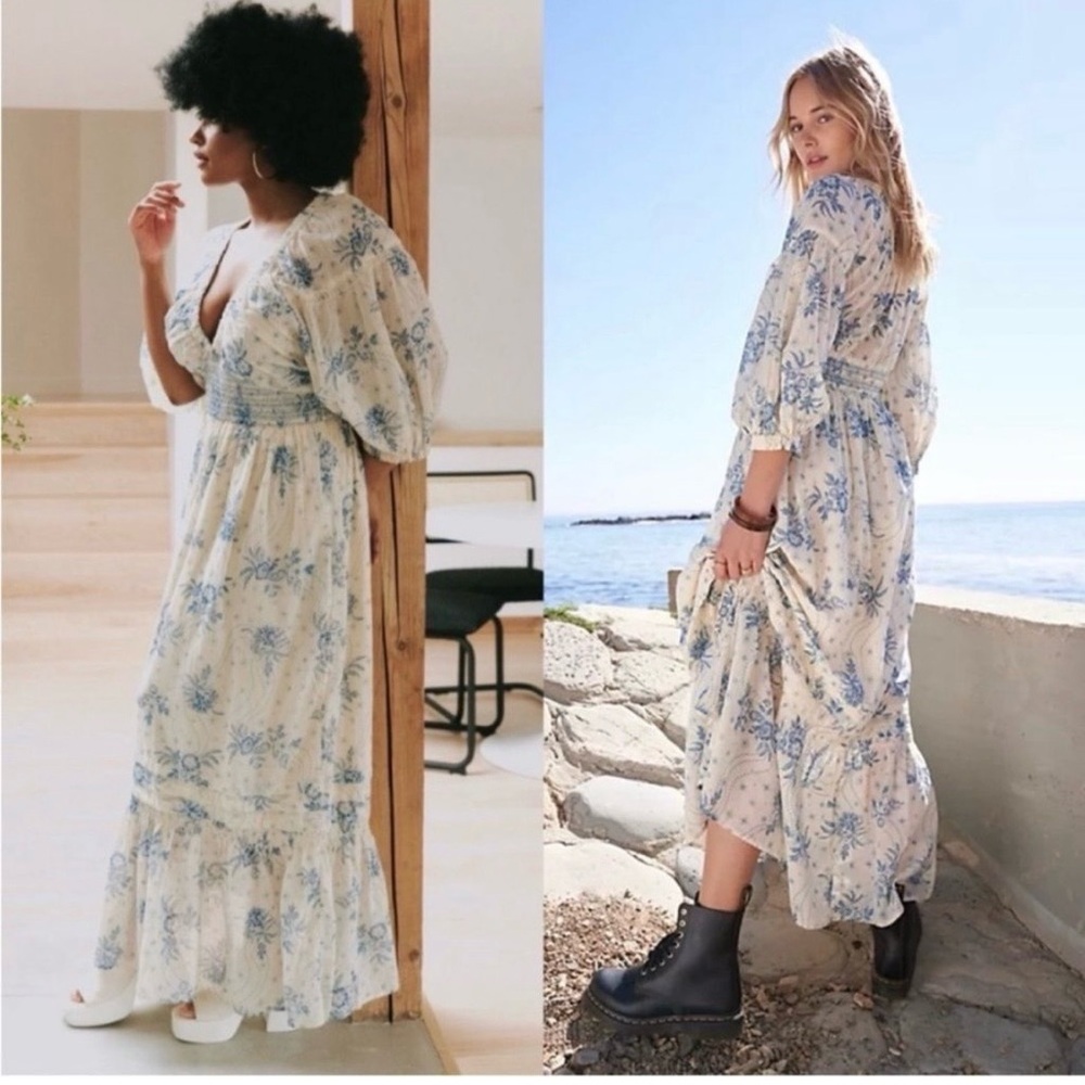 Free People Golden Hour Cream Maxi Dress with Blue Floral Print - Picture 2 of 7